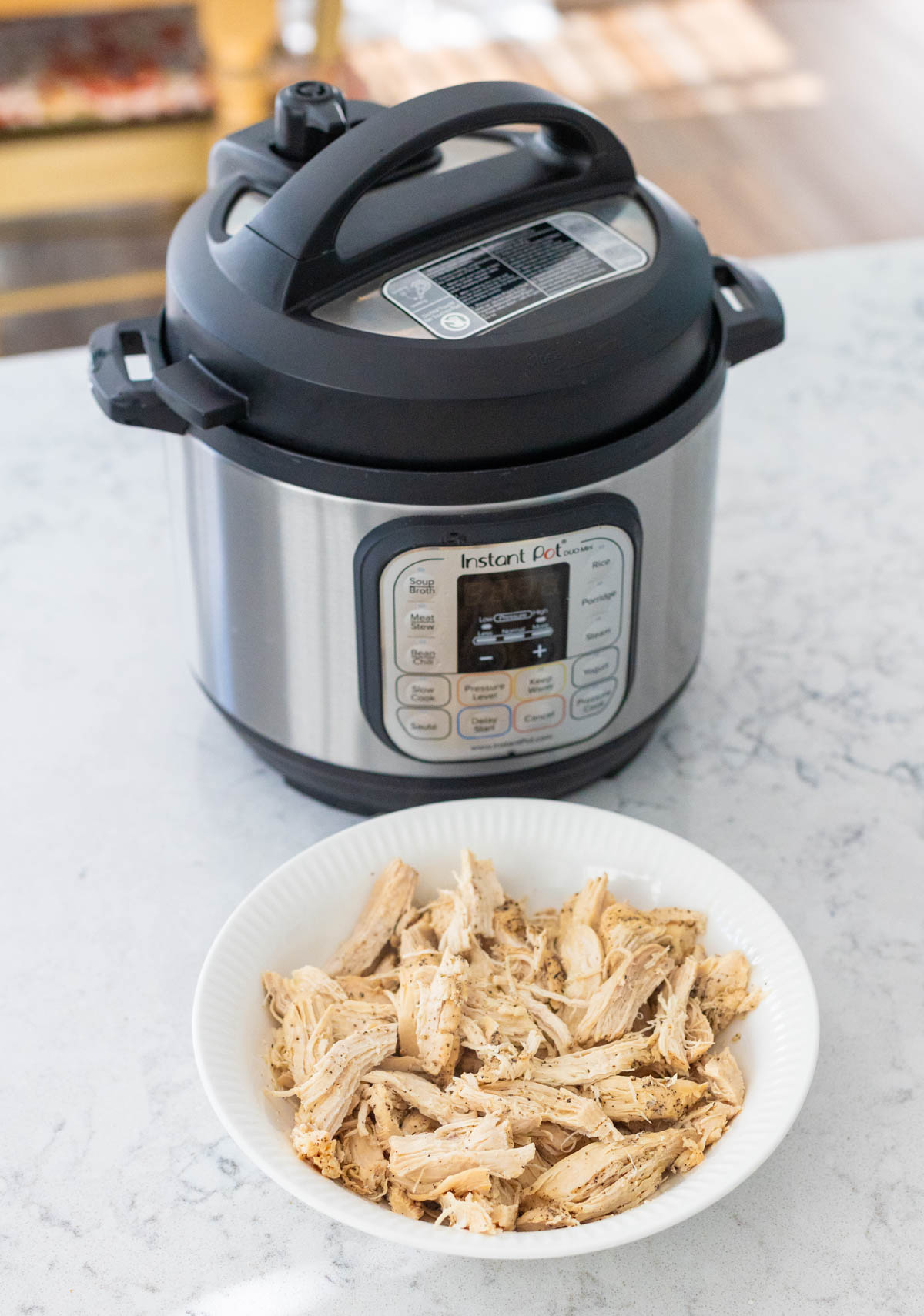 The bowl of shredded chicken is in front of the Instant Pot.
