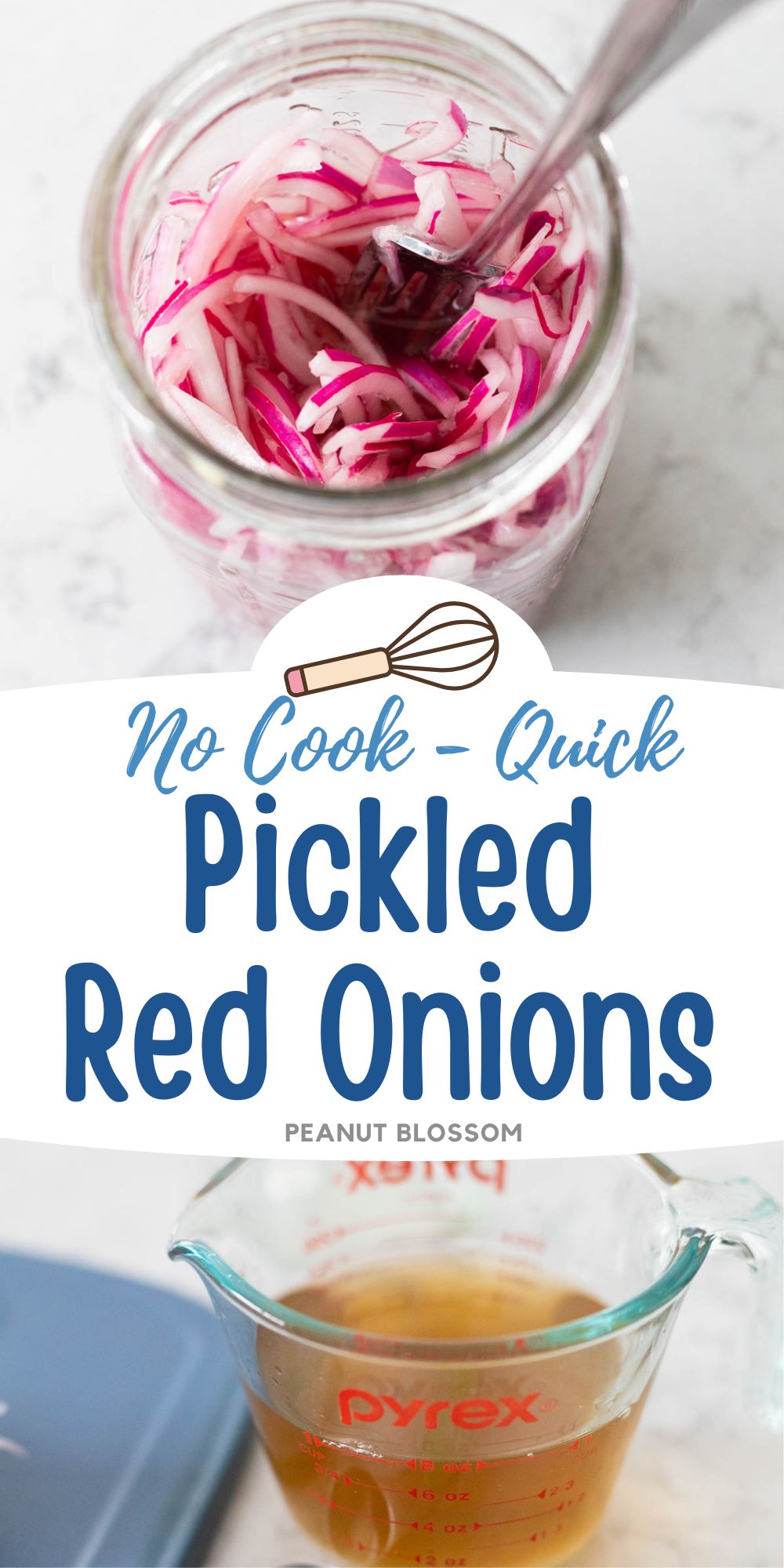 The finished red onions are in a mason jar being stirred with a fork.