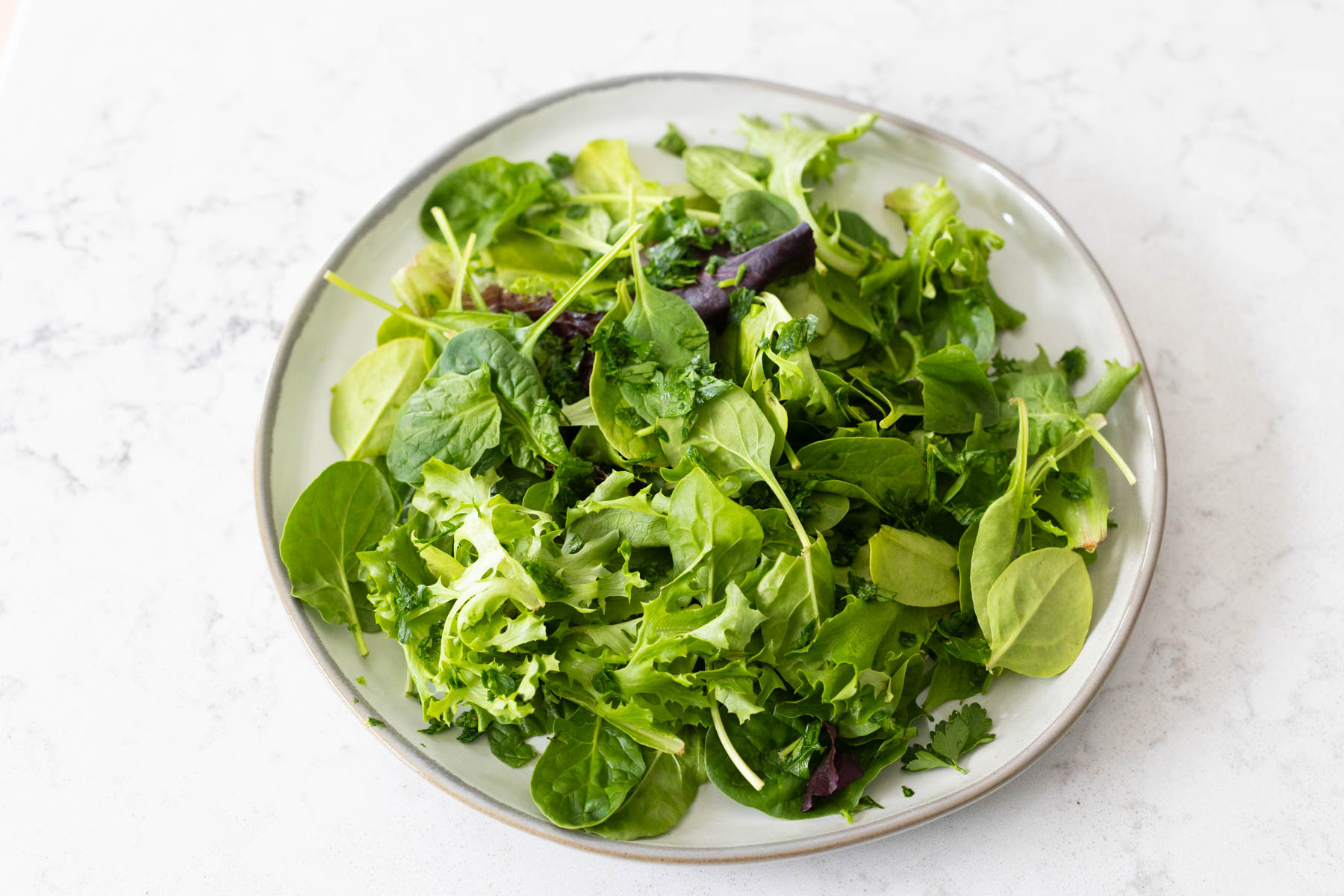 A bed of mixed spring greens and baby spinach on a plate.