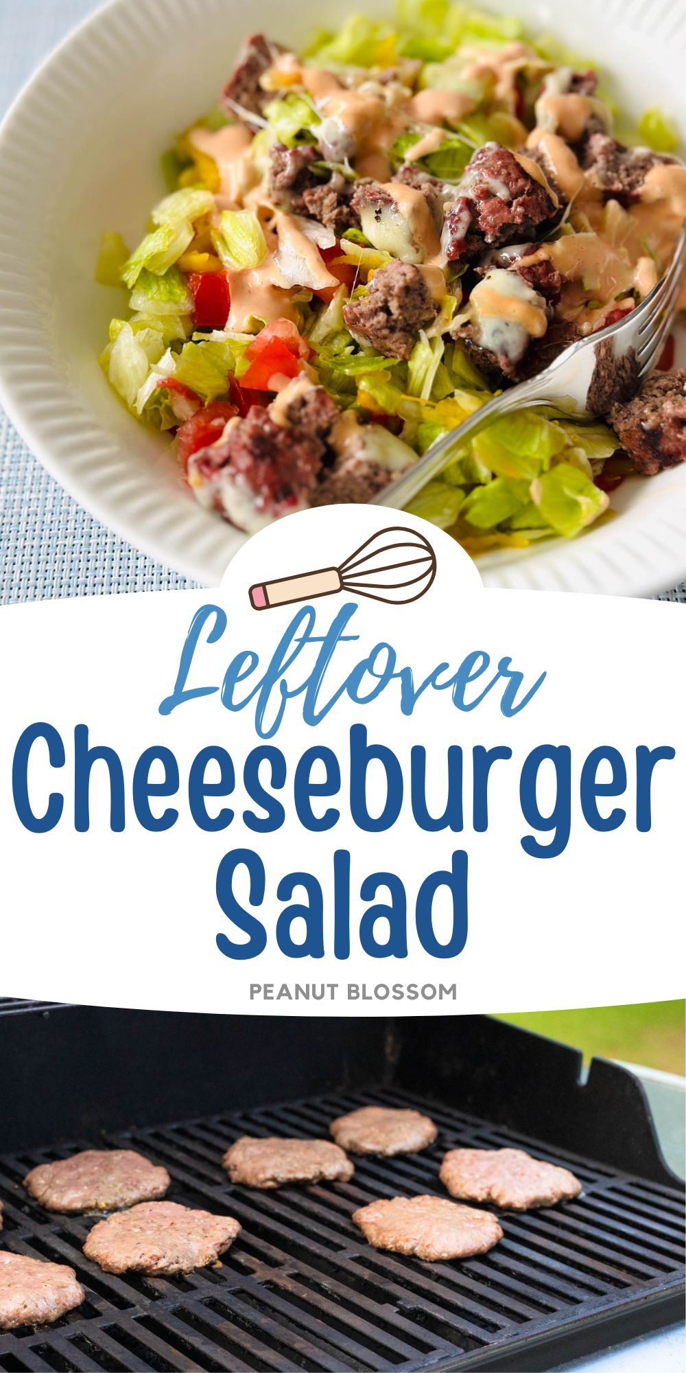 Photo collage: A bowl of cheeseburger salad on top, the burgers grilling outside below.