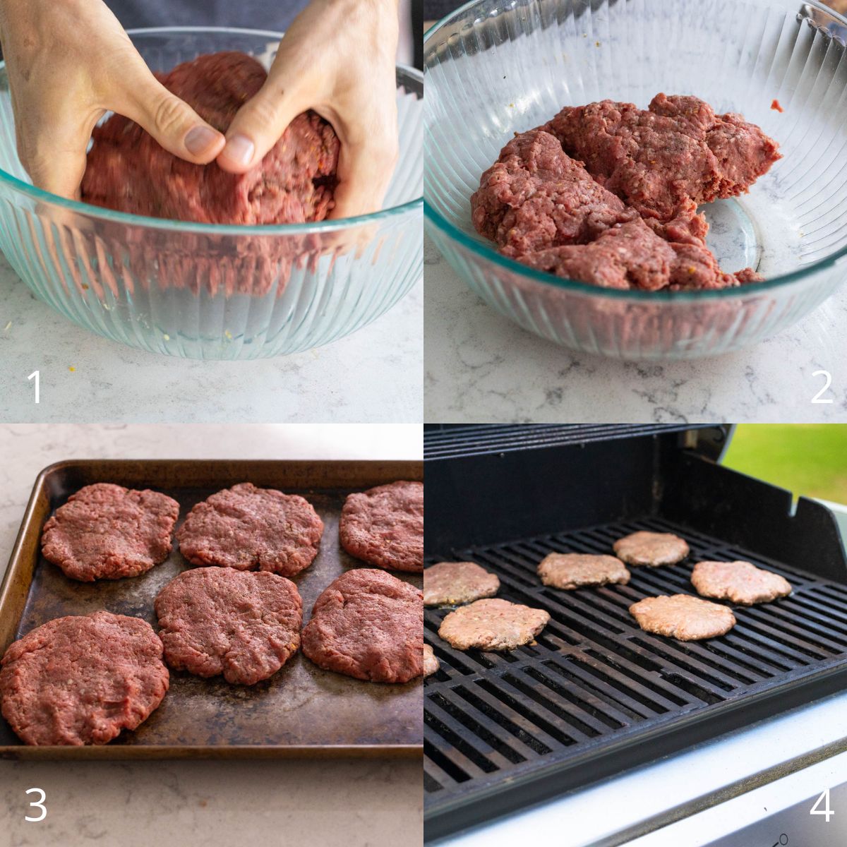 The photo collage shows how to prep the burger patties.