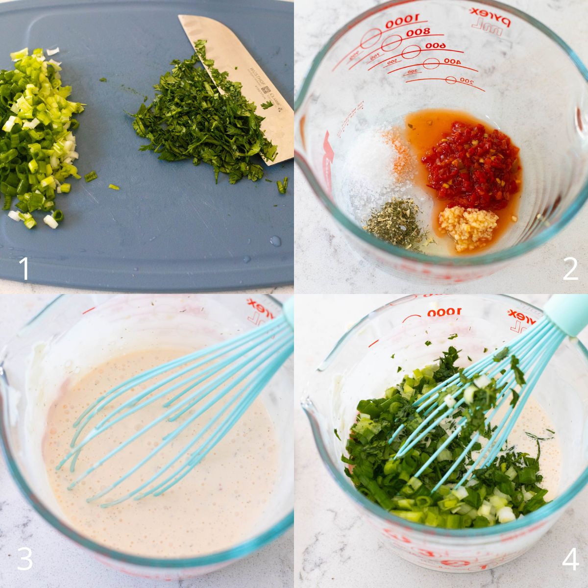 The step by step photos show how to whisk together an easy homemade ranch dressing for potato salad.