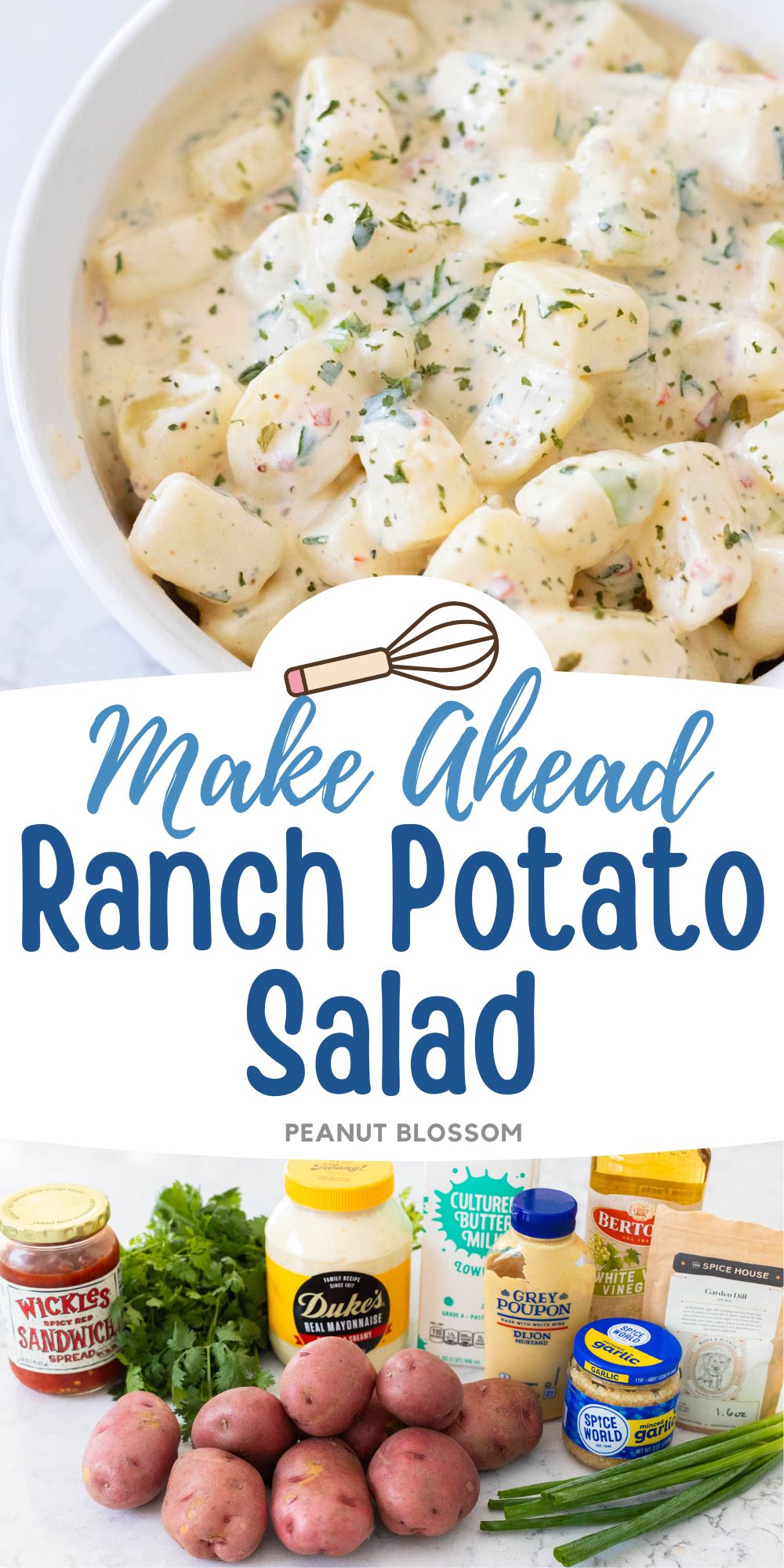 The finish potato salad is shown next to a photo of the ingredients used to make it.