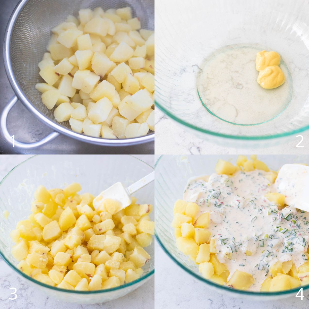 The step by step photos show how to assemble the potato salad in ranch dressing.
