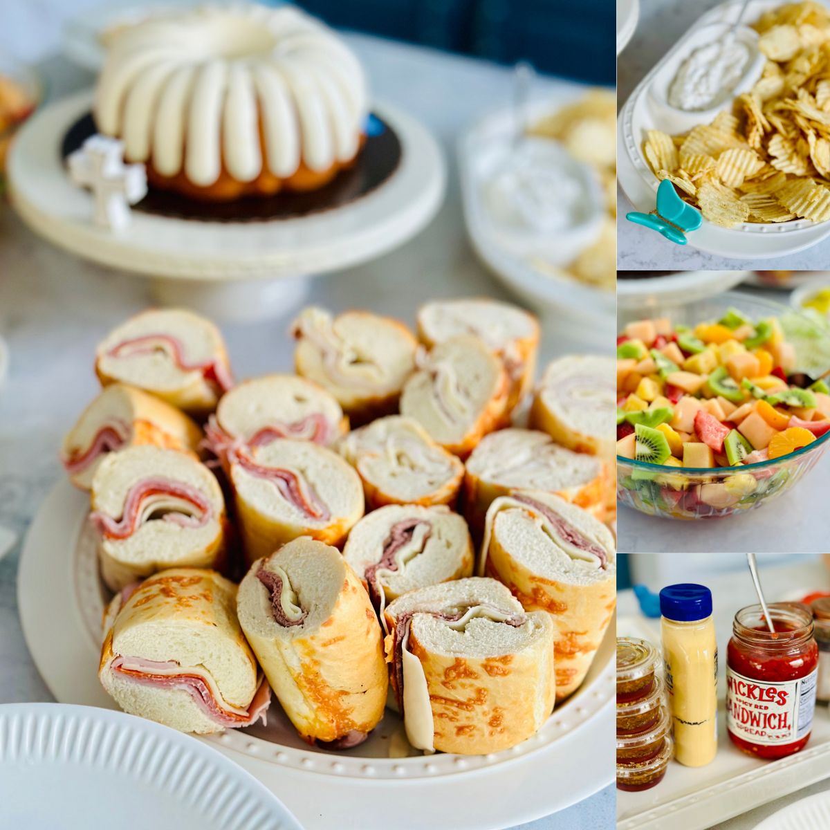 The photo collage shows a platter of party sub sandwiches next to easy side dishes to serve.