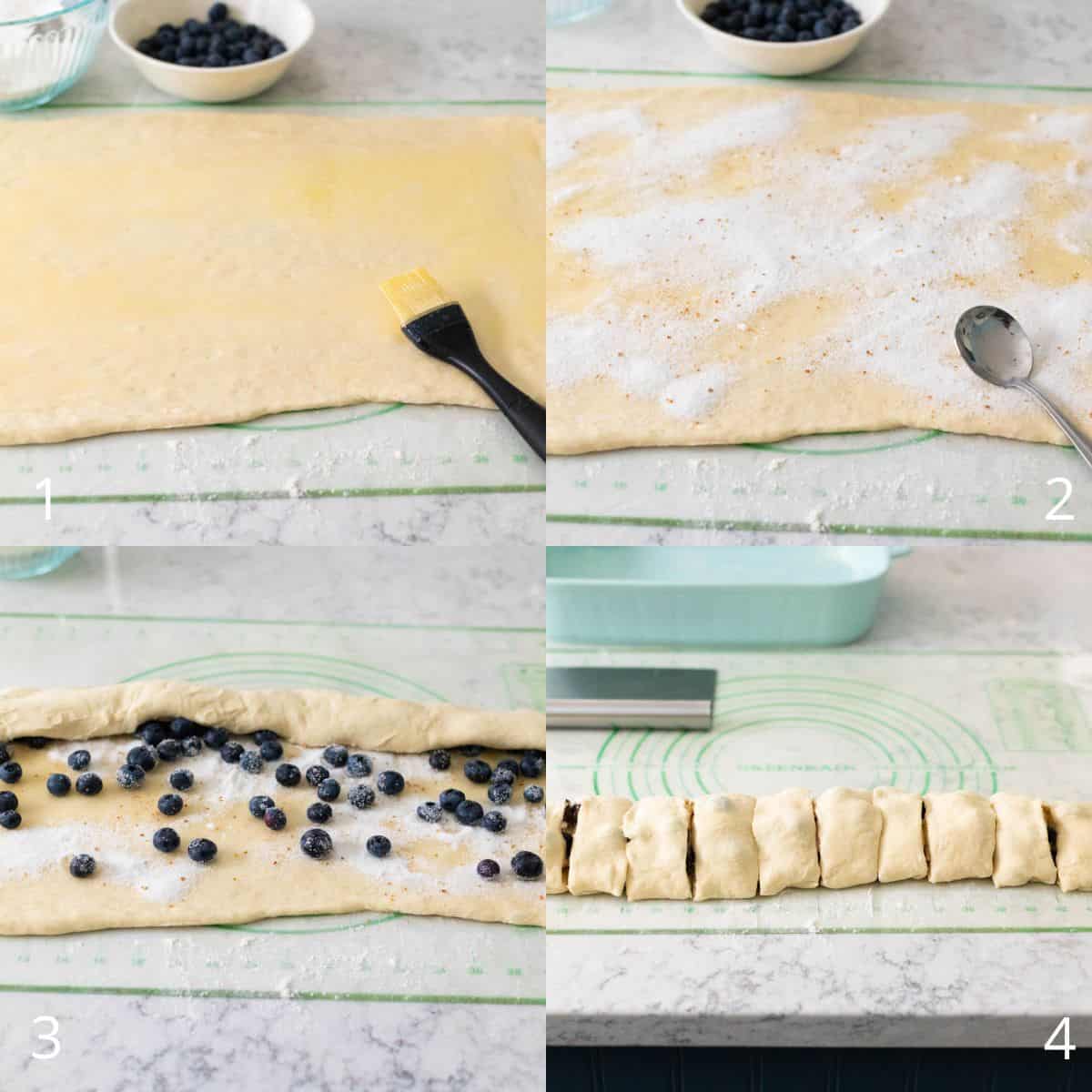 The step by step photos show how to cut and shape the blueberry rolls.