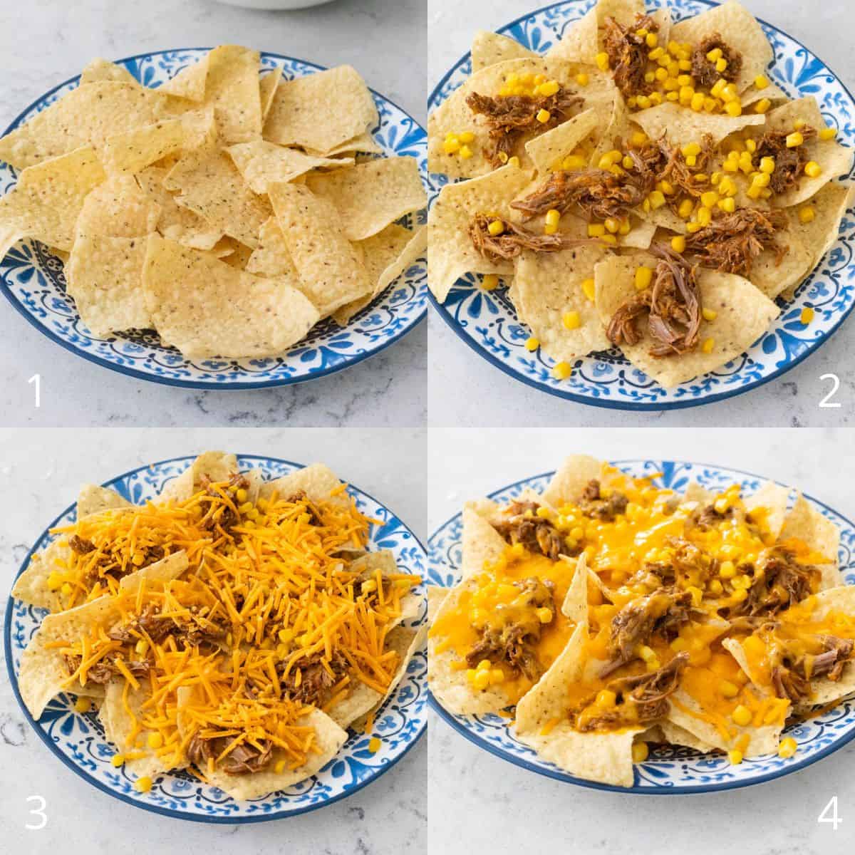 The step by step photos show how to layer the ingredients before making the nachos in the microwave.