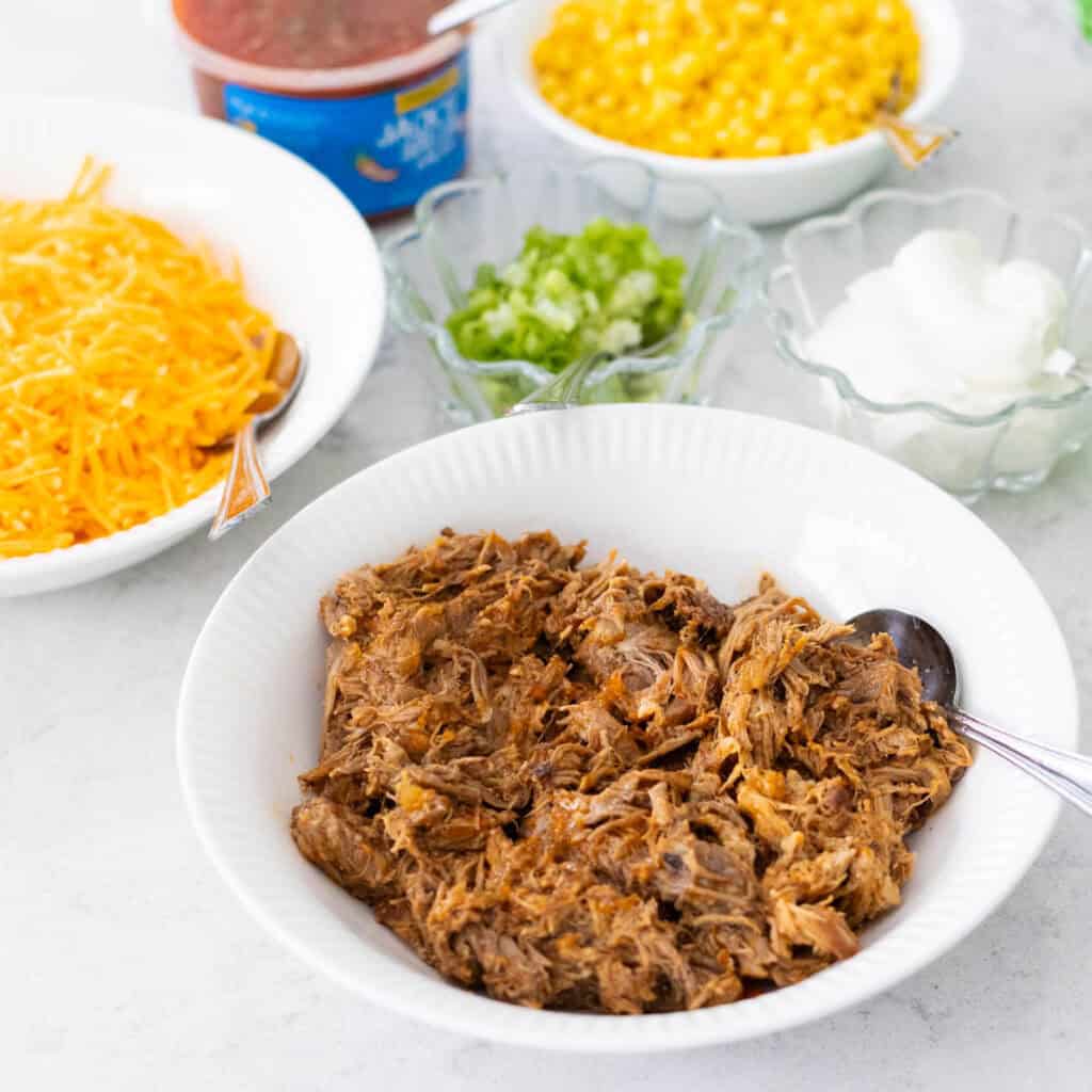 A bowl of shredded pork shoulder is in a white bowl surrounded by toppings to make nachos.