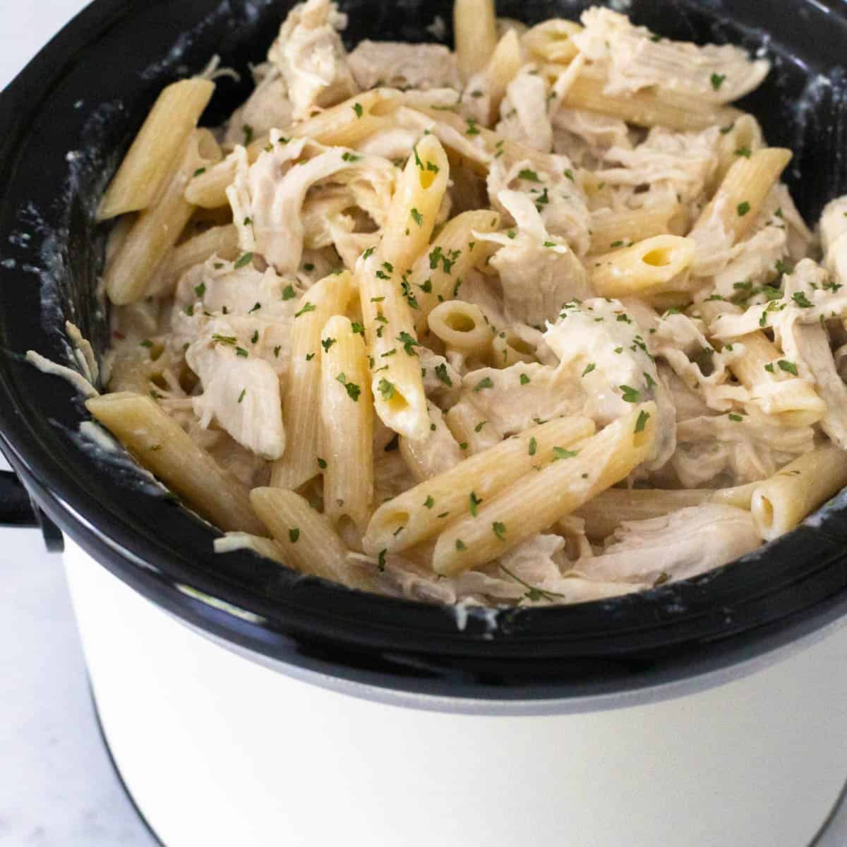 A slowcooker is filled with cream chicken and pasta.