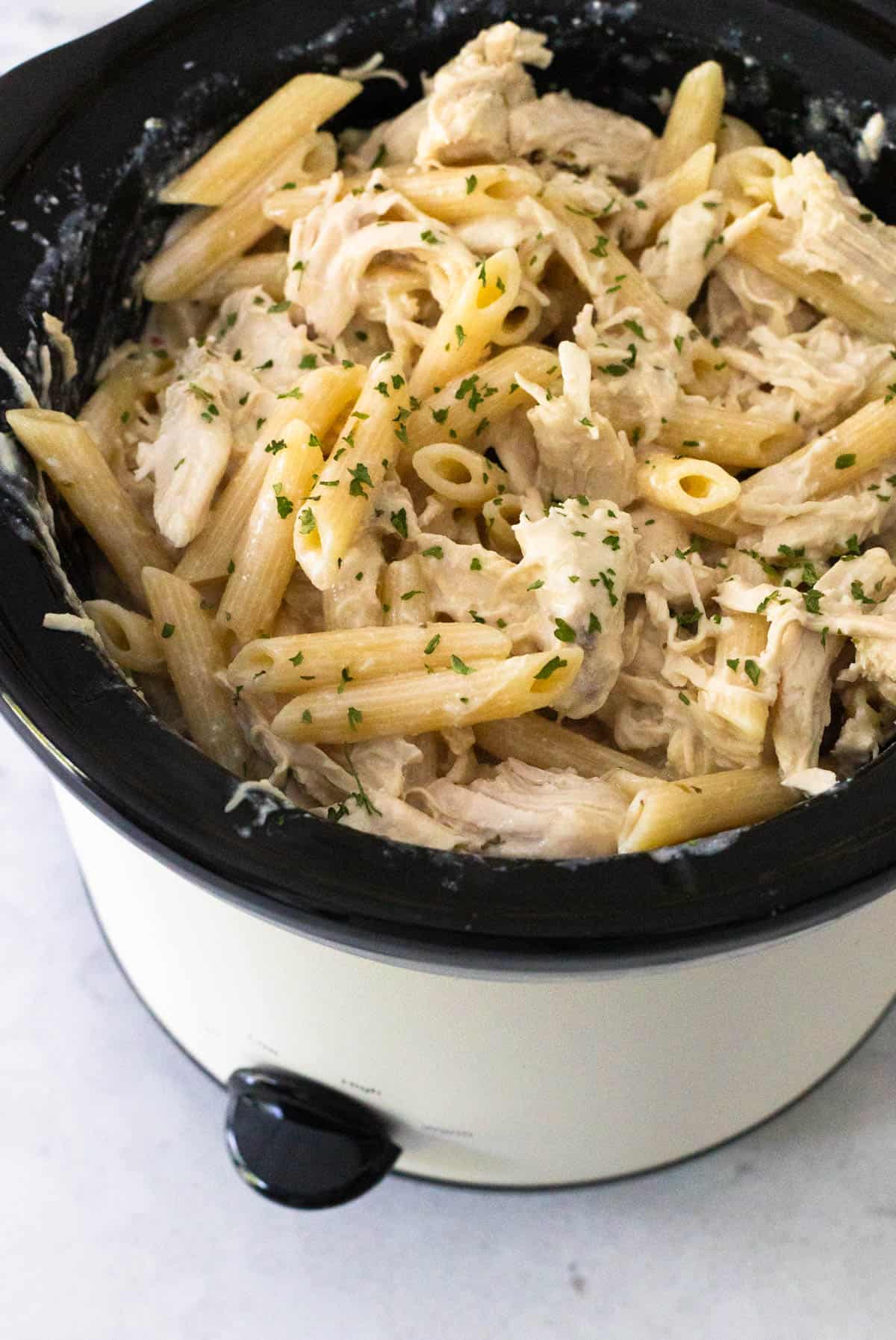 A slowcooker is filled with cream chicken and pasta.