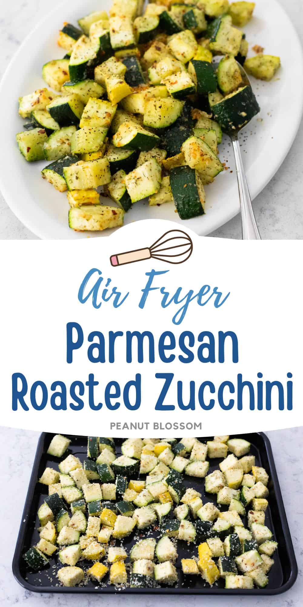 The roasted parmesan zucchini is served on a white platter and is also seen on the baking sheet it cooked on.