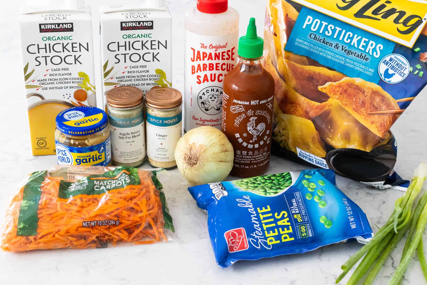 The ingredients to make the potsticker soup are on the counter.